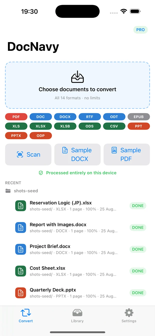 DocNavy on iPhone with the same drop zone and format list