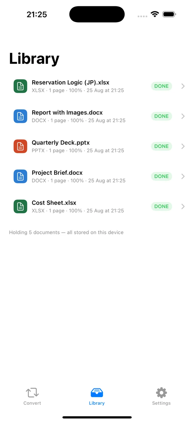 Library of converted documents on iPhone