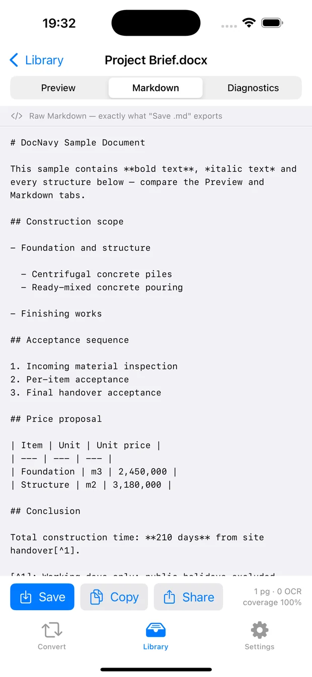 Markdown tab showing raw output on iPhone